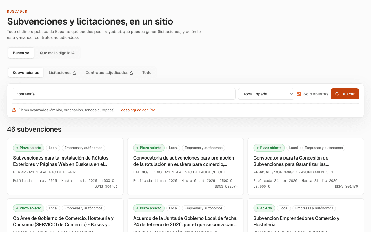El buscador de Subvencióname mostrando 46 subvenciones abiertas de hostelería, con plazos, importes y organismo de cada una.