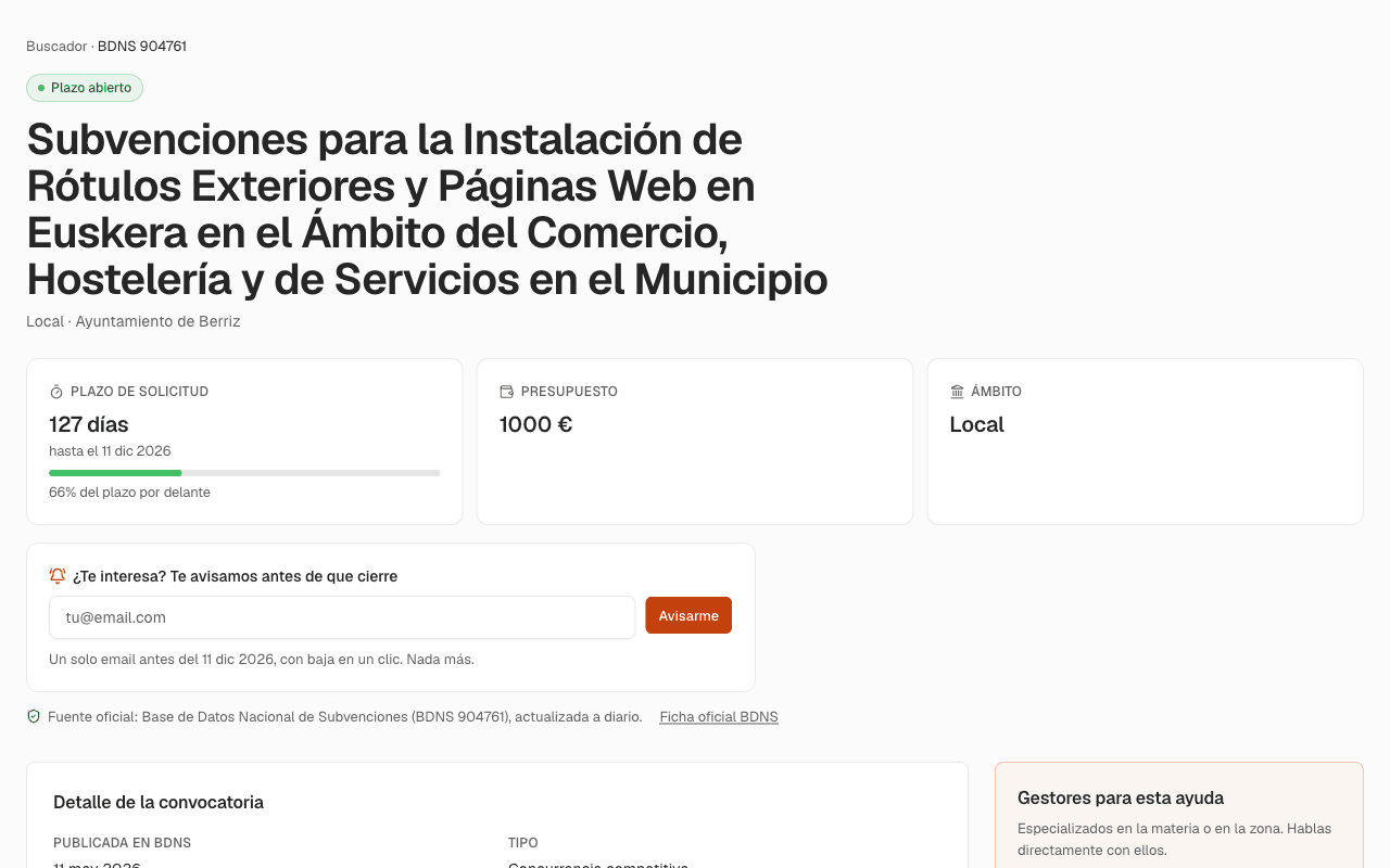 Ficha de una convocatoria: plazo restante con barra de progreso, presupuesto, ámbito y enlace a la ficha oficial de la BDNS.